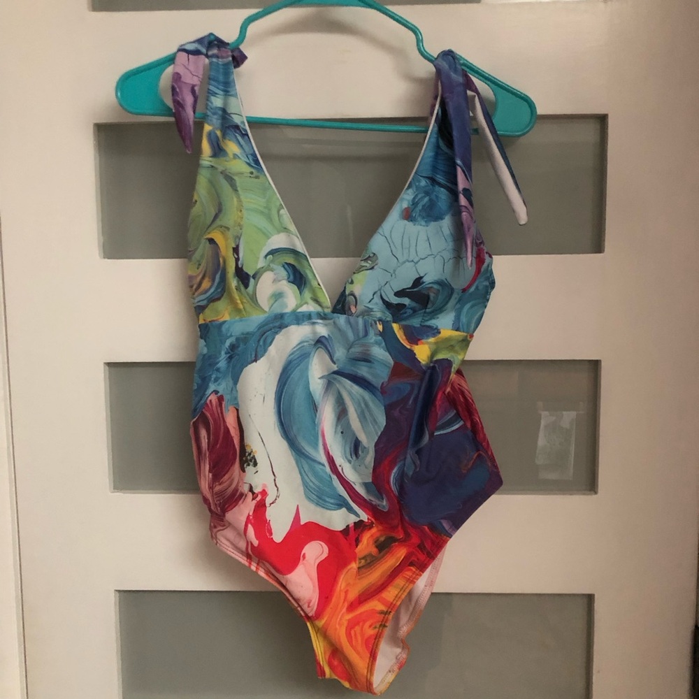 Colorful Abstract Women Swim One Piece Hand Painted Swirl EUC
